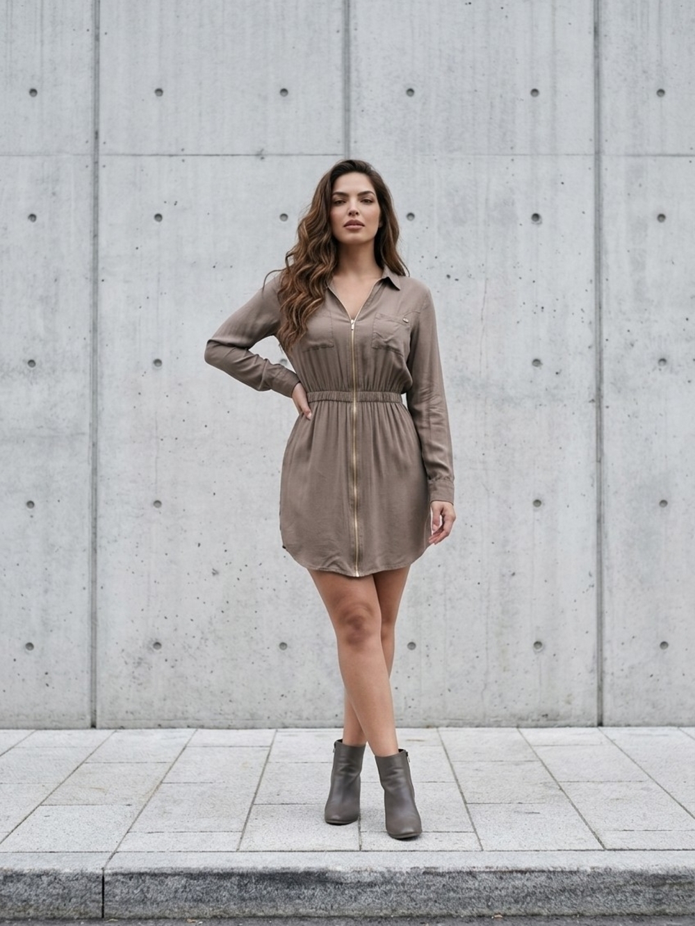 Guess Taupe Zip-Front Shirt Mini Dress